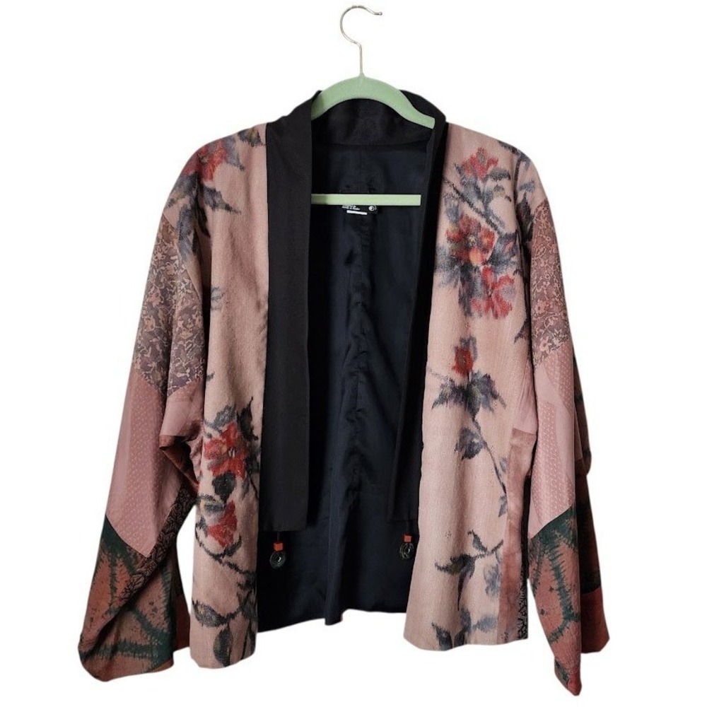CREATIVE ACCENTS Silk Kimono Jacket Floral Print Japanese Boho Lagenlook Artsy M
